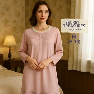 Secret Treasures Lilac White Long Sleeve Nightgown Lace Trim M 8-10